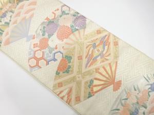 扇に向かい鳳凰・花模様織り出し　袋帯